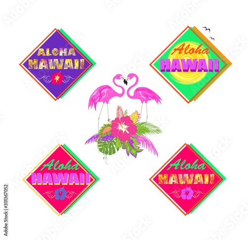 Neon colorful summery prints set with Aloha Hawaii lettering, pair of lovely pink flamingo, palm leaves, hibiscus and sun for T shirt, labels, tag, bag