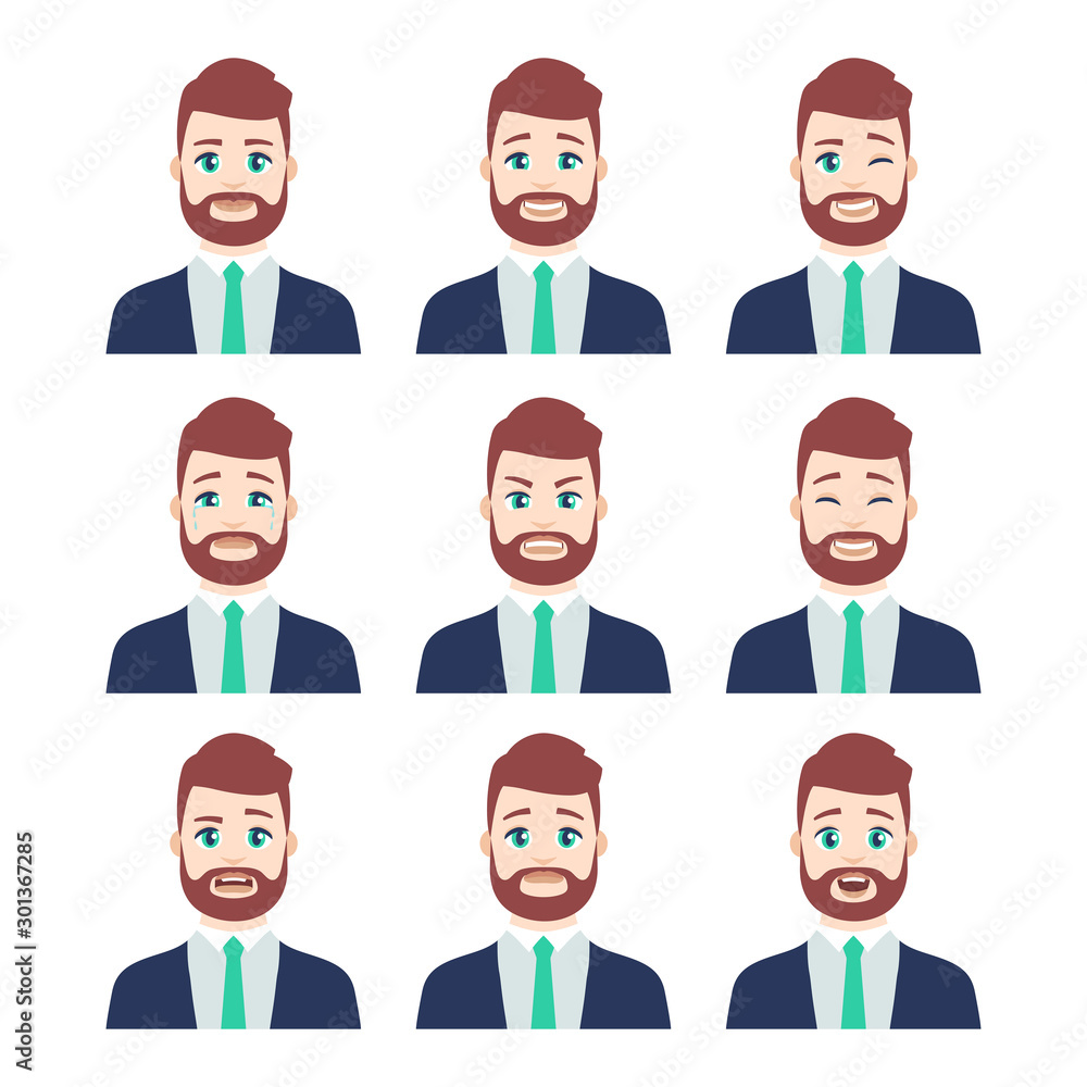 Set of young male icon with emotions in cartoon style. Man avatar profile with facial expression. Characters portraits in bright colors. Isolated vector illustration in flat design Set of young male icon with emotions in cartoon style. Man avatar profile with facial expression. Characters portraits in bright colors. Isolated vector illustration in flat design