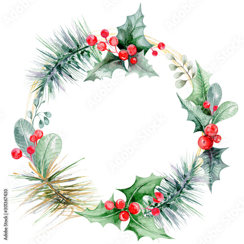 hand-drawn watercolor wreath of fir branches of coniferous tree and red berries and leaves on a white isolated background for use in the design of invitations, congratulations, postcard