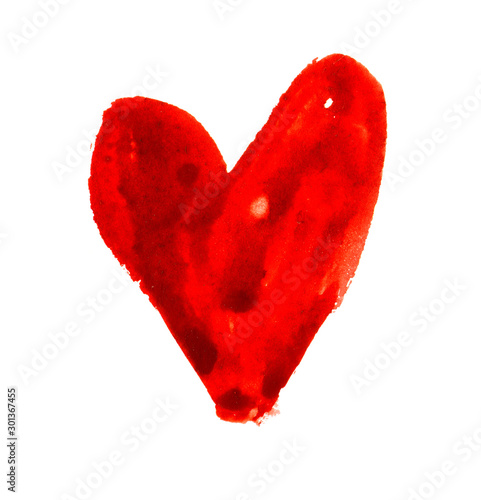 Hand drawn watercolor red heart, element for design. Valentine's day. Beautiful holiday love symbol for  postcard, poster, carnival, banner, birthday and children's illustration.