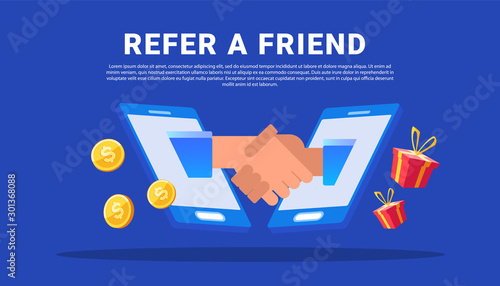 Refer a friend vector illustration with business partners shaking hands in smartphone. Referral program and social media marketing for friends.