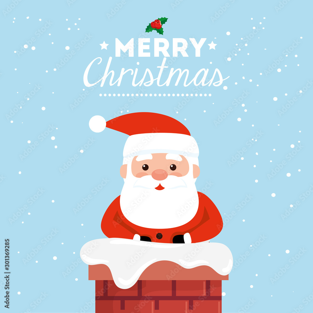 merry christmas poster with santa claus in chimney vector illustration design