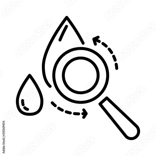 Blood drop and magnifying glass, test and analysis, isolated line icon