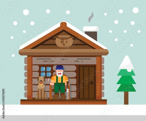 old man with dogs in porch of wooden house winter flat illustration vector
