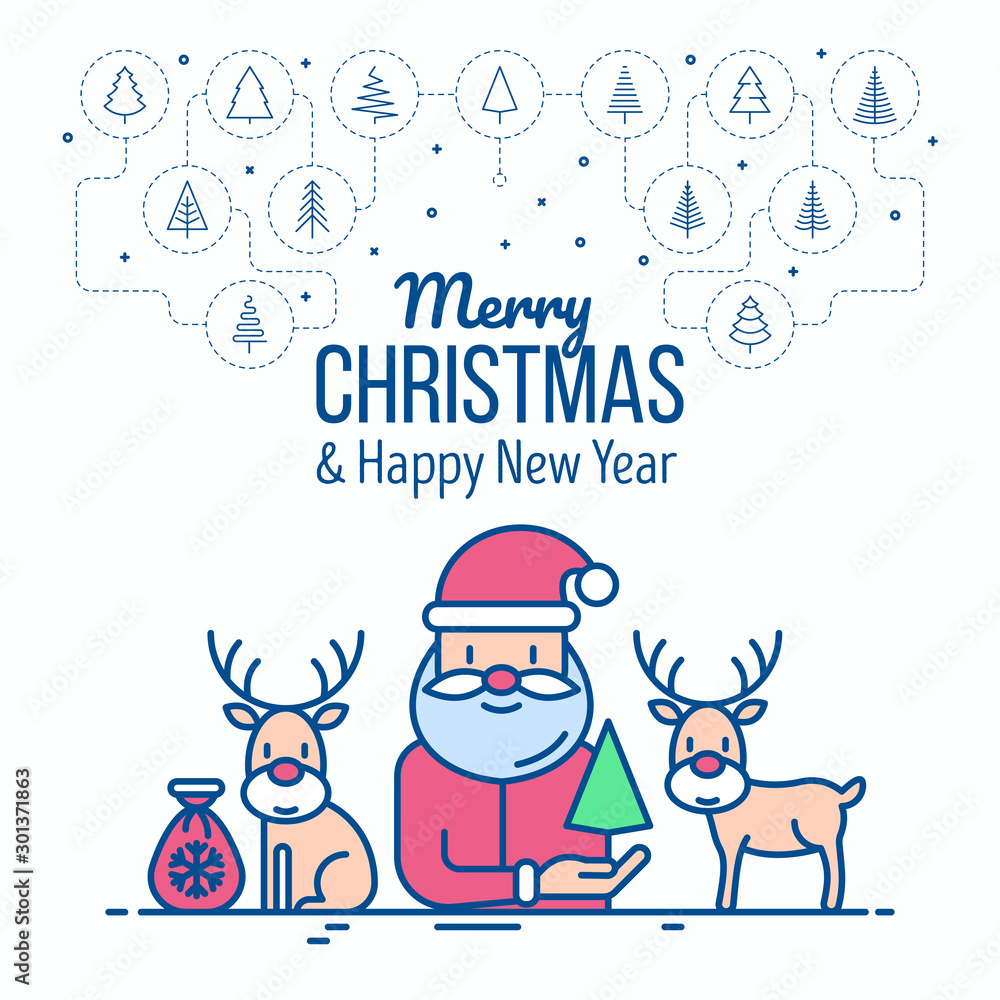 Cute Santa Claus and deers template with copy space. Christmas and New Year greeting card. Thin line icons. Modern vector illustration.