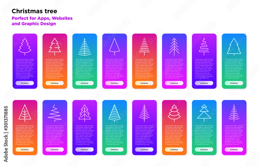 Christmas tree in different shapes for mobile user interface. Minimalistic simple thin line icons. Vector illustration for Christmas and New Year decoration of mobile app with copy space. Christmas tree in different shapes for mobile user interface. Minimalistic simple thin line icons. Vector illustration for Christmas and New Year decoration of mobile app with copy space.