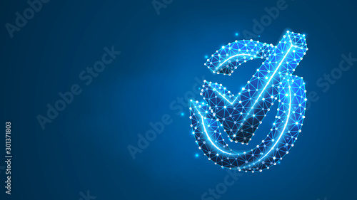 A checkmark in the circle box. Success, business agreement, ok sign, approval concept. Abstract digital wireframe, low poly mesh, polygonal vector blue neon 3d illustration. Line dot
