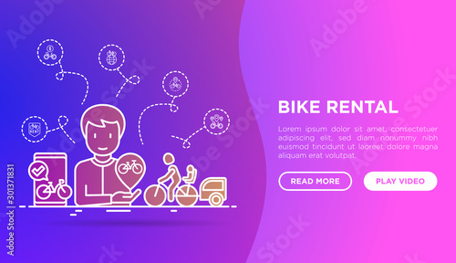 Bike rental mobile app. Web page template with thin line icons: rates, bicycle tours, pet trailer, padlock, helmet, child seat, sharing, pointer. Modern vector illustration.