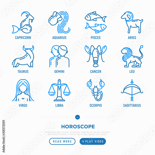 Horoscope thin line icons set. Zodiac signs: capricorn, aquarius, aries, pisces, virgo, libra, scorpio, sagittarius, taurus, gemini, leo. Modern vector illustration.