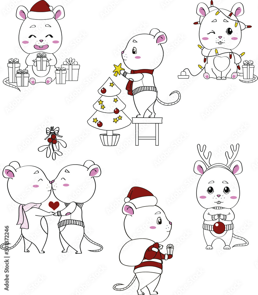 Set of six cute mice. New Year and Christmas mouse cartoon doodle. Year of the mouse-rat 2020. Vector outline illustration drawings on a white background. Set of six cute mice. New Year and Christmas mouse cartoon doodle. Year of the mouse-rat 2020. Vector outline illustration drawings on a white background.