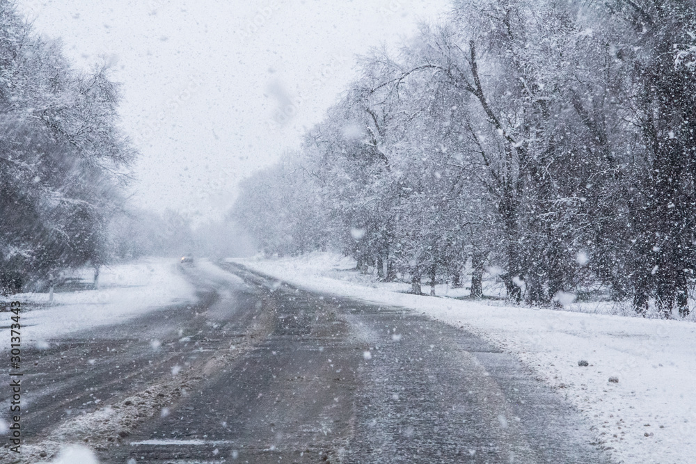 Turn on a snowy road with poor visibility Turn on a snowy road with poor visibility
