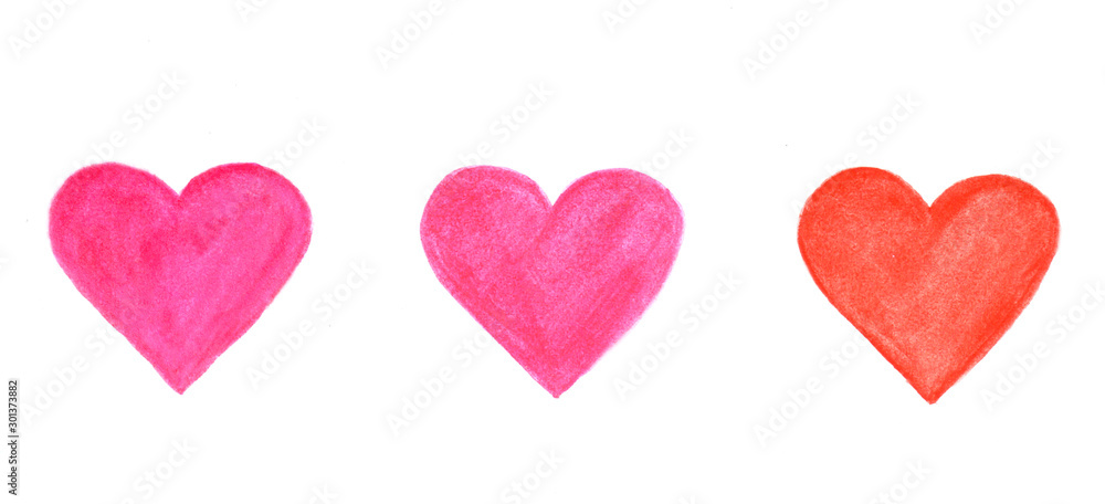 Hand drawn watercolor hearts isolated on white background
