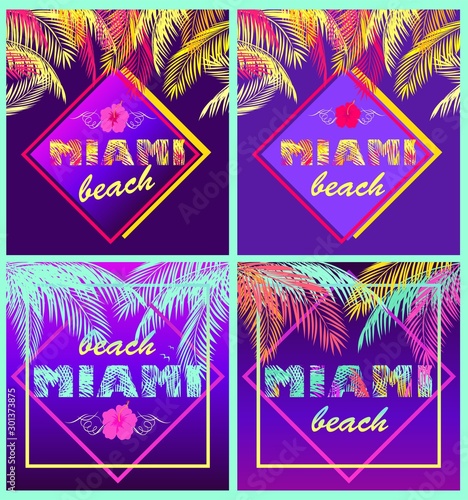 T-shirt neon violet prints variation with colorful Miami beach lettering with coconut palm leaves, seagull and lilac hibiscus