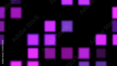Party animation background of retro purple disco square lights flashing like pixels on a black background
