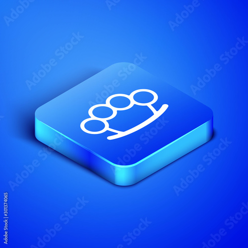 Isometric Brass knuckles icon isolated on blue background. Blue square button. Vector Illustration