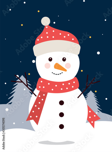 merry christmas snowman in winter landscape design