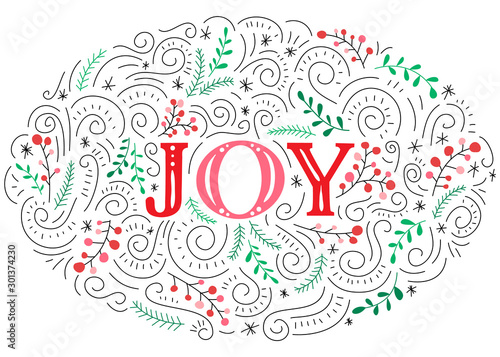 Joy Hand-Drawn Lettering with Doodle Swirls, Winter Holiday Foliage on White Background