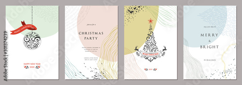 Merry Christmas and Bright Corporate Holiday cards. Modern abstract creative universal artistic templates.