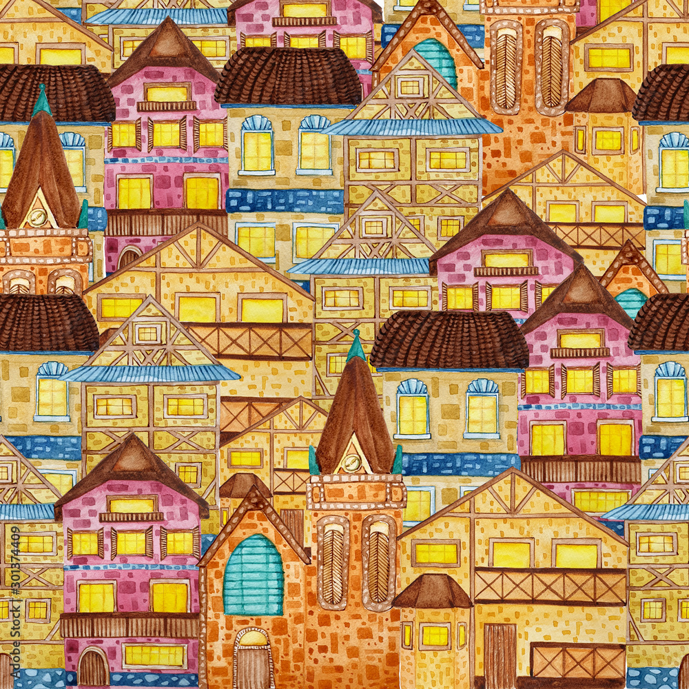 Obraz premium Background with watercolor hand drawn old european brick houses.