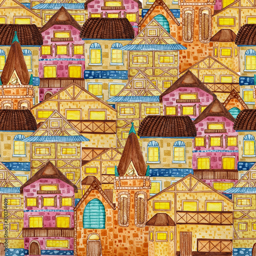 Background with watercolor hand drawn old european brick houses.