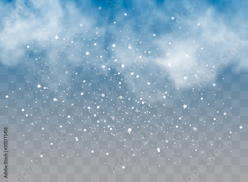 Falling snow on a transparent background. Snow clouds or shrouds. Fog, snowfall. Abstract snowflake background. Fall of snow. Vector illustrator 10 EPS.