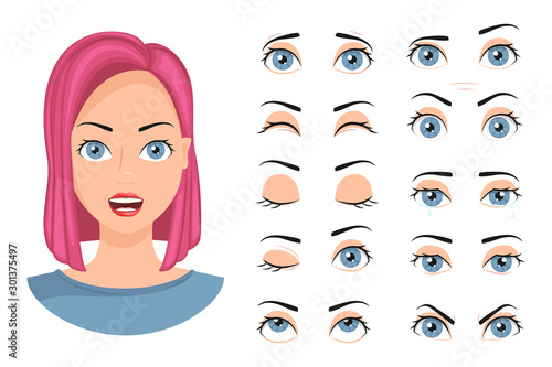 Collection of cartoon female eyes with different emotions. Set of different eye expressions. Vector illustration.