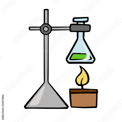 Doodle sketch laboratory apparatus, round chemical flask is heated. Laboratory experiment. 