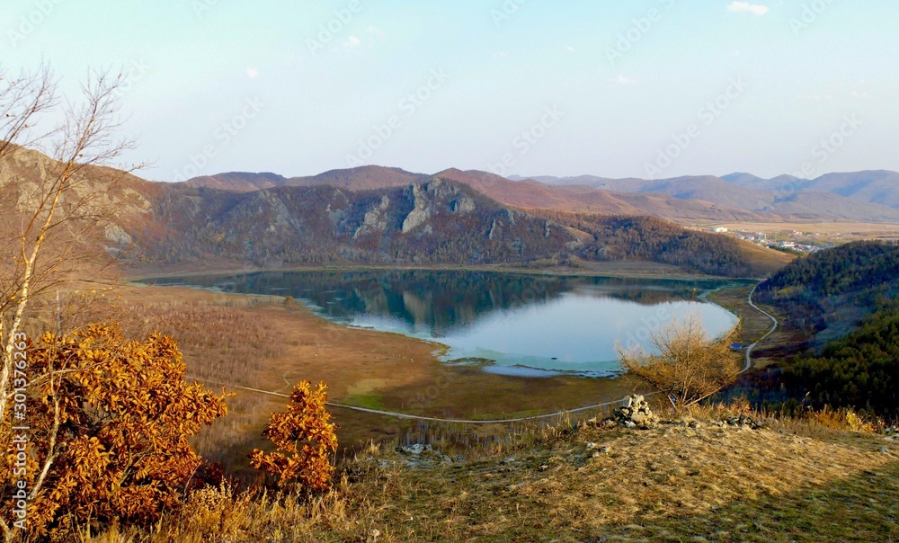 autumn landscape with lake and mountains Chai He Nei Mongol