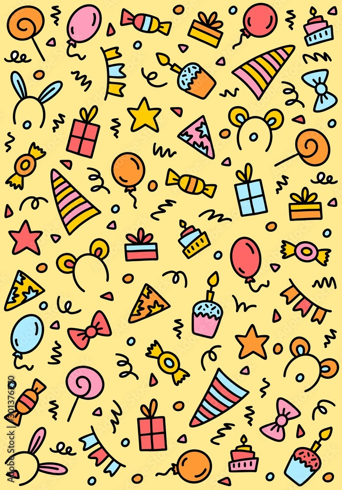 Happy birthday colorful doodle pattern with cake, candles, presents, baloons, stars and candies. Flat vector illustration Happy birthday colorful doodle pattern with cake, candles, presents, baloons, stars and candies. Flat vector illustration