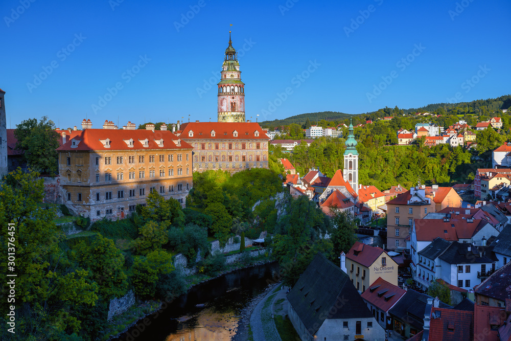 Beautiful view of church and castle in Cesky Krumlov, Czech republic