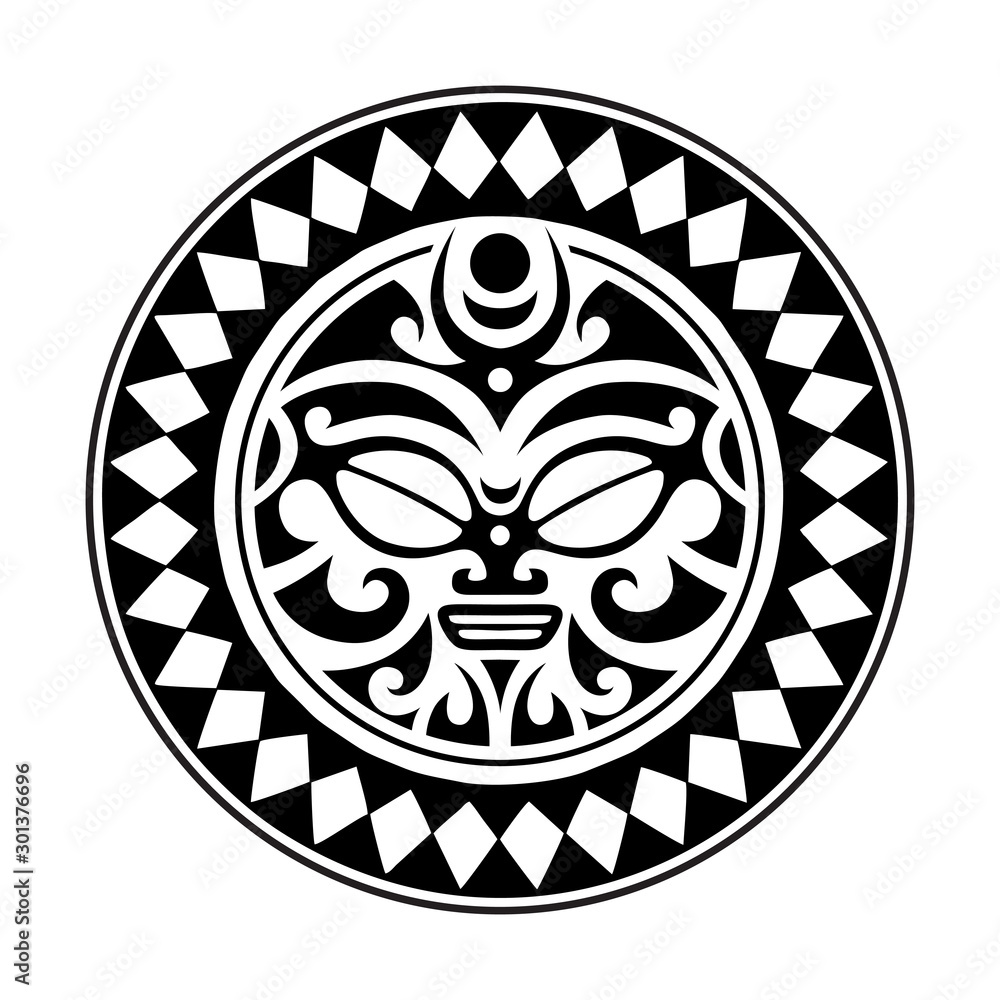 Maori style tattoo sketch. Round ornament with sun face Maori style tattoo sketch. Round ornament with sun face