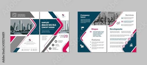 Bi-fold brochure creative design. Multipurpose template with cover, back and inside pages. Trendy minimalist flat geometric design. Vertical a4 format.