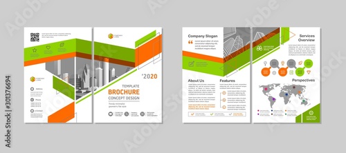Bi-fold brochure creative design. Multipurpose template with cover, back and inside pages. Trendy minimalist flat geometric design. Vertical a4 format.