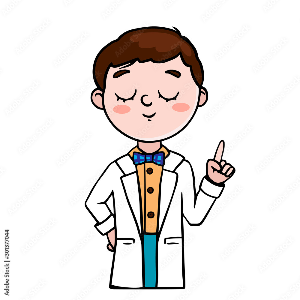 Doodle sketch boy in a white coat. Illustration of a chemist, biologist, doctor Doodle sketch boy in a white coat. Illustration of a chemist, biologist, doctor
