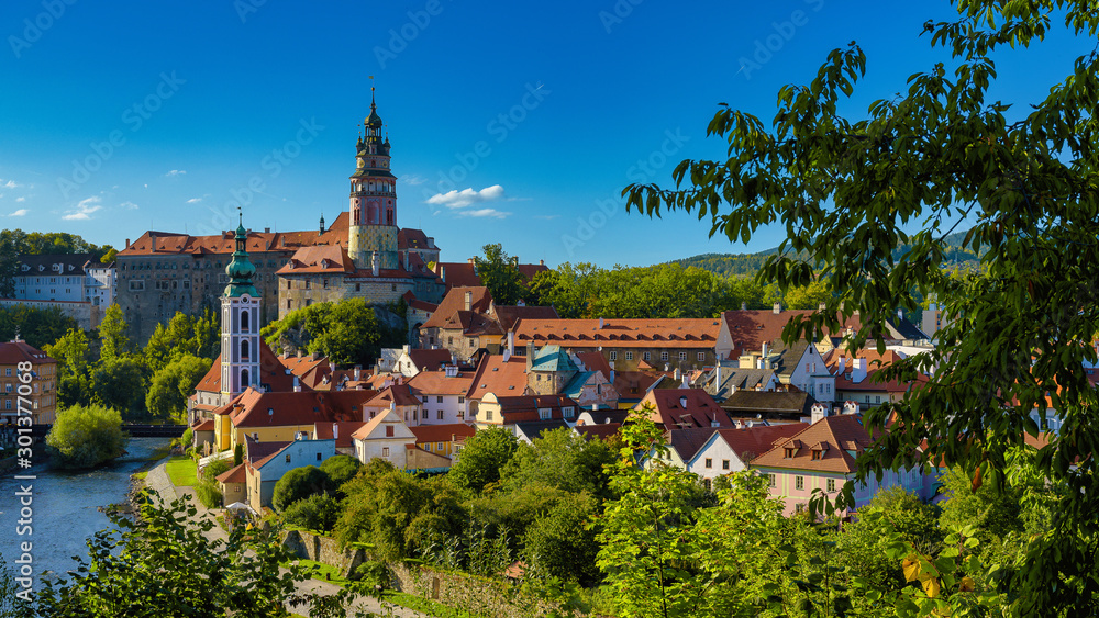 Fototapeta premium Beautiful view of church and castle in Cesky Krumlov, Czech republic