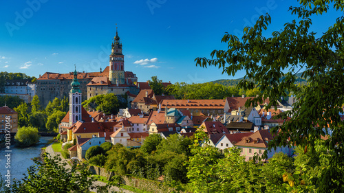 Beautiful view of church and castle in Cesky Krumlov, Czech republic