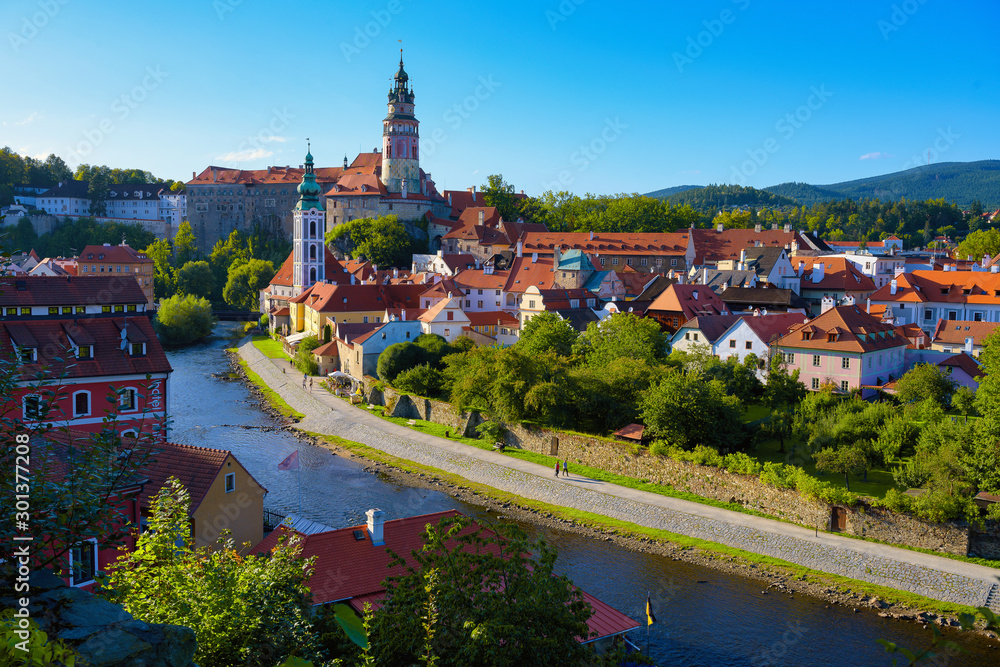Obraz premium Cesky Krumlov, Czech Replubic - September 18,2019; Beautiful view of church and castle in Cesky Krumlov, Czech republic