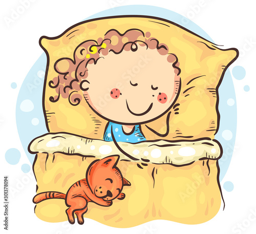 Cartoon girl sleeping in her bed, kids clipart