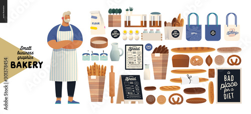Bakery -small business illustrations - modern flat vector concept illustration of baker wearing apron, bread, logo, cash register, bakery utencils, interior and branded elements - constructor set