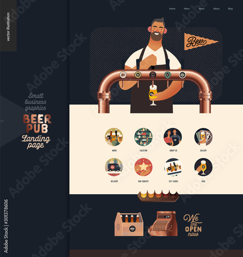 Brewery, craft beer pub -small business illustrations -landing page design template -modern flat vector concept illustration of bar beer tower, bartender pouring beer. Web icons, vintage cash register
