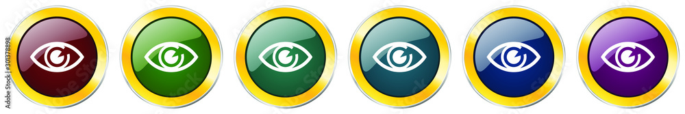 Eye glossy icon set, silver metallic golden vector illustrations in 6 options for web design and mobile applications Eye glossy icon set, silver metallic golden vector illustrations in 6 options for web design and mobile applications