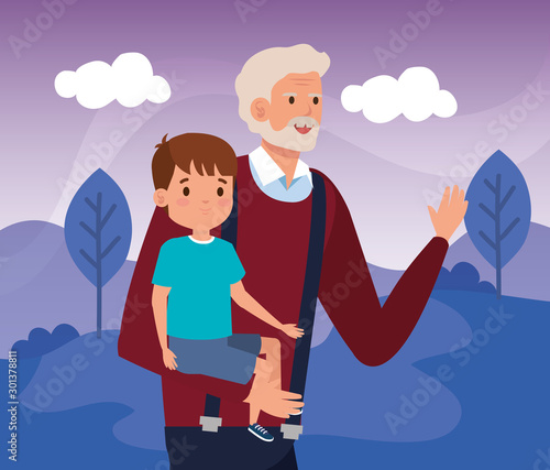 grandfather with grandson in scene landscape vector illustration design