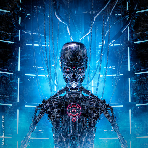 Fotografie Deadly data core / 3D illustration of evil metallic science fiction artificial i