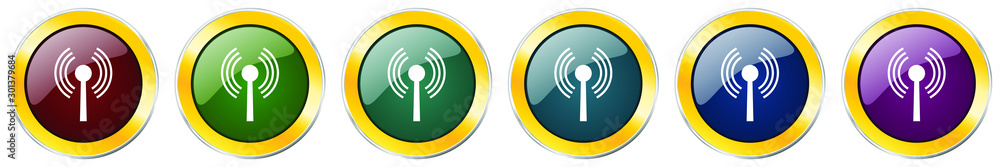 Wifi glossy icon set, silver metallic golden vector illustrations in 6 options for web design and mobile applications