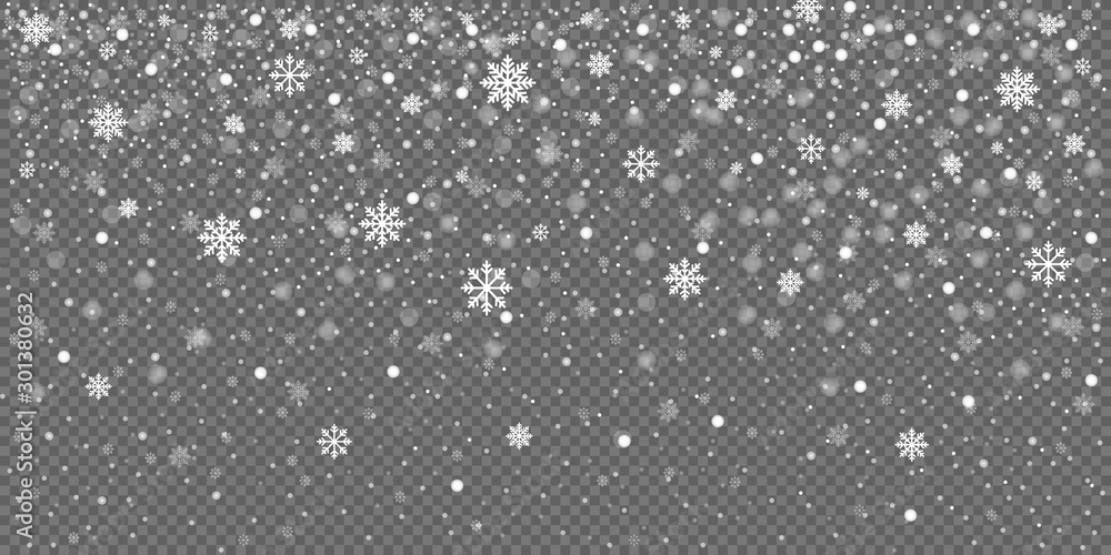 Christmas snow falling snowflakes isolated on transparent background vector illustration. EPS 10