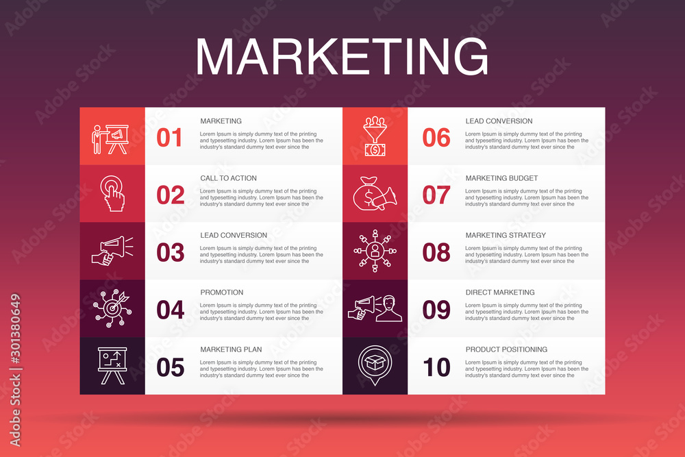 marketing Infographic 10 option template.call to action, promotion,  marketing plan, marketing strategy simple icons Stock-Vektorgrafik | Adobe  Stock