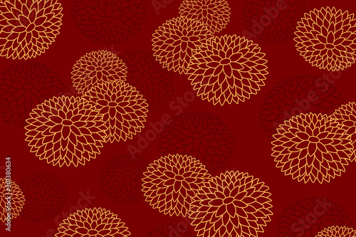 Hand drawn golden chrysanthemums in oriental style on red background. Vector illustration. Design concept for Chinese New Year holiday banner, print, packaging, wrapping paper. Line drawing.