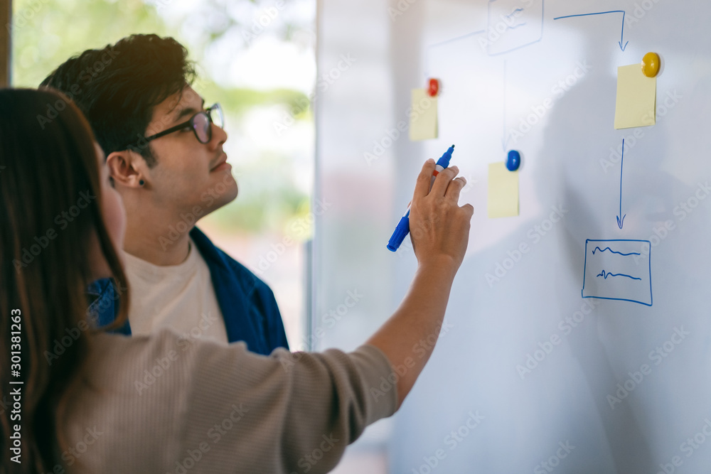 Business people looking, discussing and pointing finger at whiteboard in office Business people looking, discussing and pointing finger at whiteboard in office
