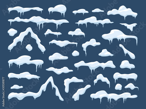 Winter decoration set with snow caps with trailing icicles and snowballs in a large assortment of shapes and sizes on a blue background for use as design elements, vector illustration