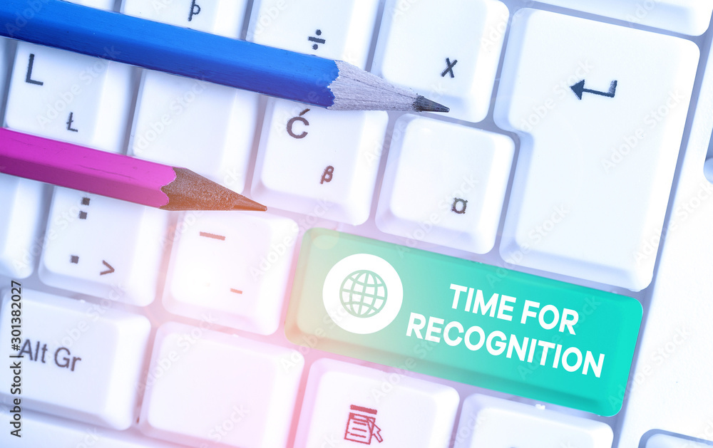 Writing note showing Time For Recognition. Business concept for Acknowledgement Interval between Stimulus and Nature White pc keyboard with note paper above the white background Writing note showing Time For Recognition. Business concept for Acknowledgement Interval between Stimulus and Nature White pc keyboard with note paper above the white background